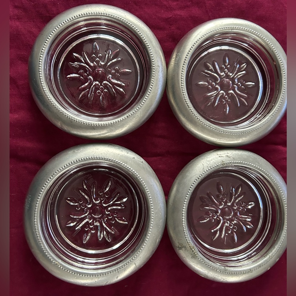 VTG Pewter and Glass Coasters Set of 4